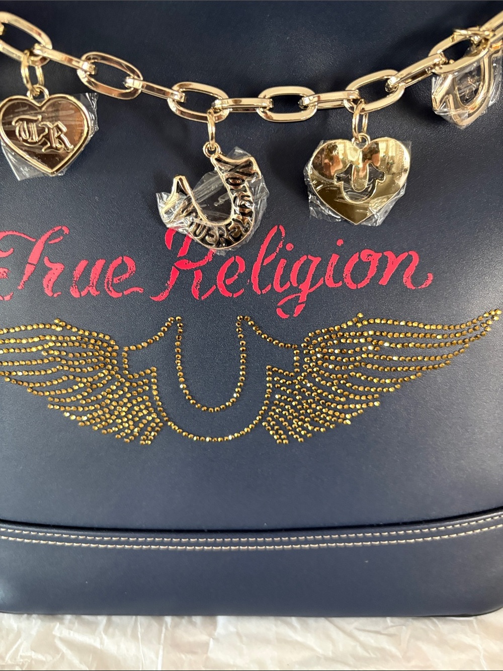 True Religion Faux Navy Leather Charm Shoulder Bag - Picture 5 of 13